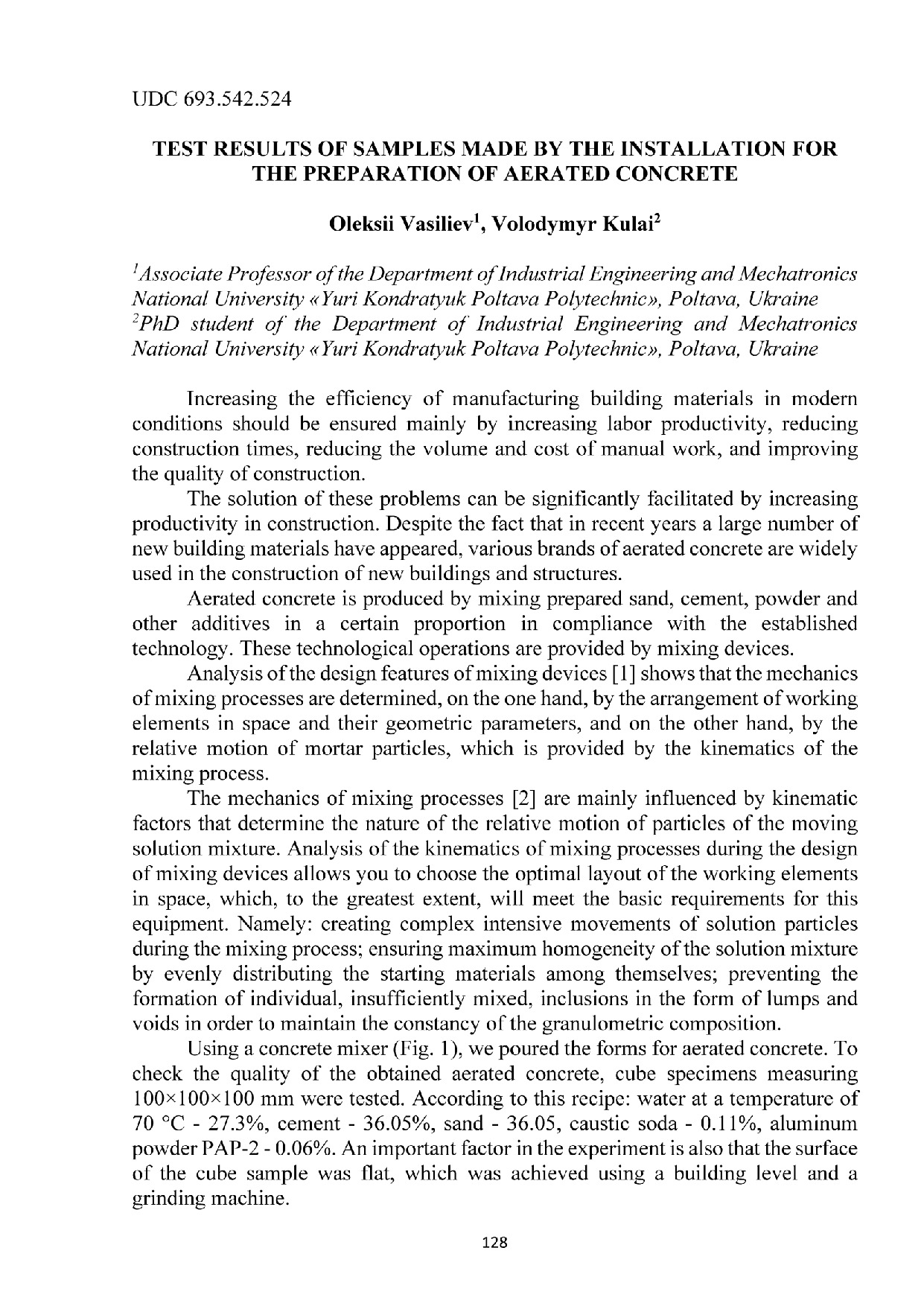 TEST RESULTS OF SAMPLES MADE BY THE INSTALLATION FOR THE PREPARATION OF AERATED CONCRETE