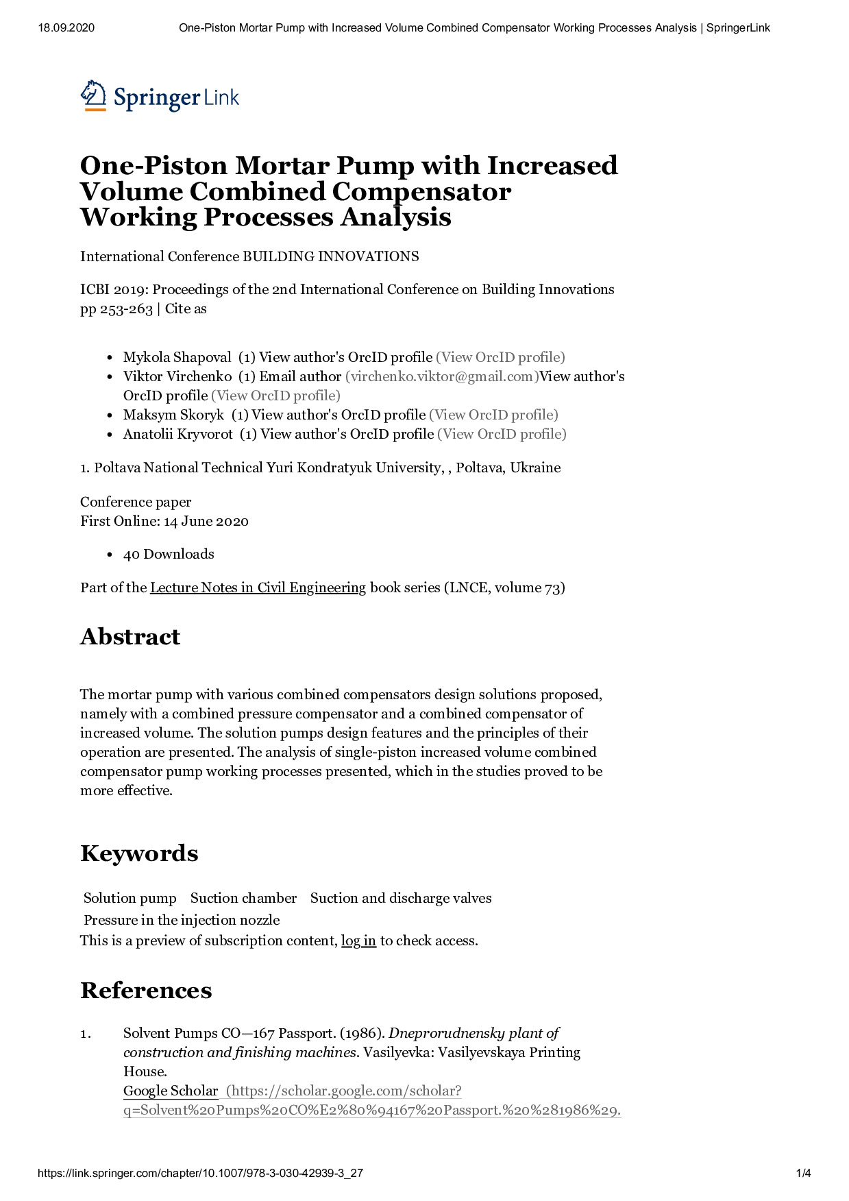 One-Piston Mortar Pump with Increased Volume Combined Compensator Working Processes Analysis _ SpringerLink
