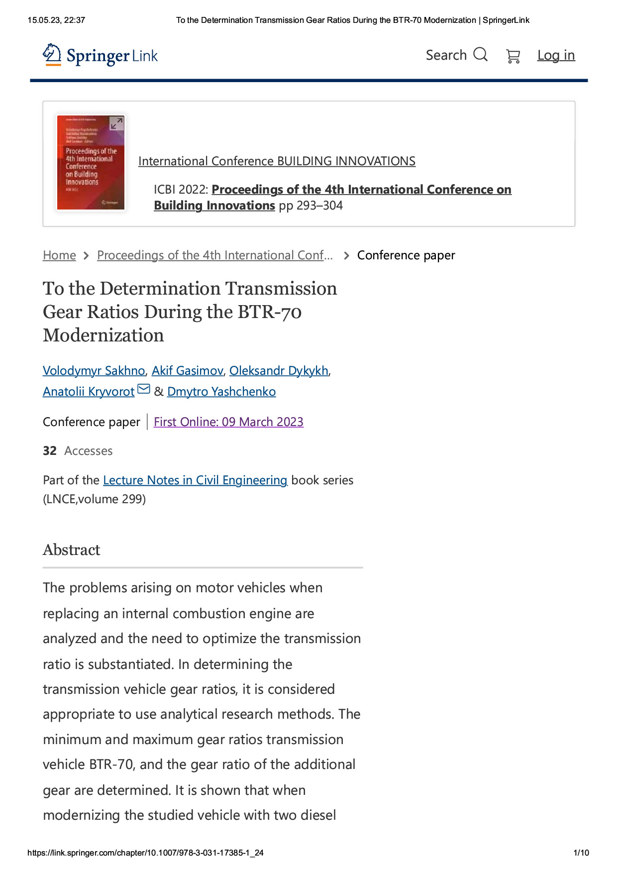 To the Determination Transmission Gear Ratios During the BTR-70 Modernization