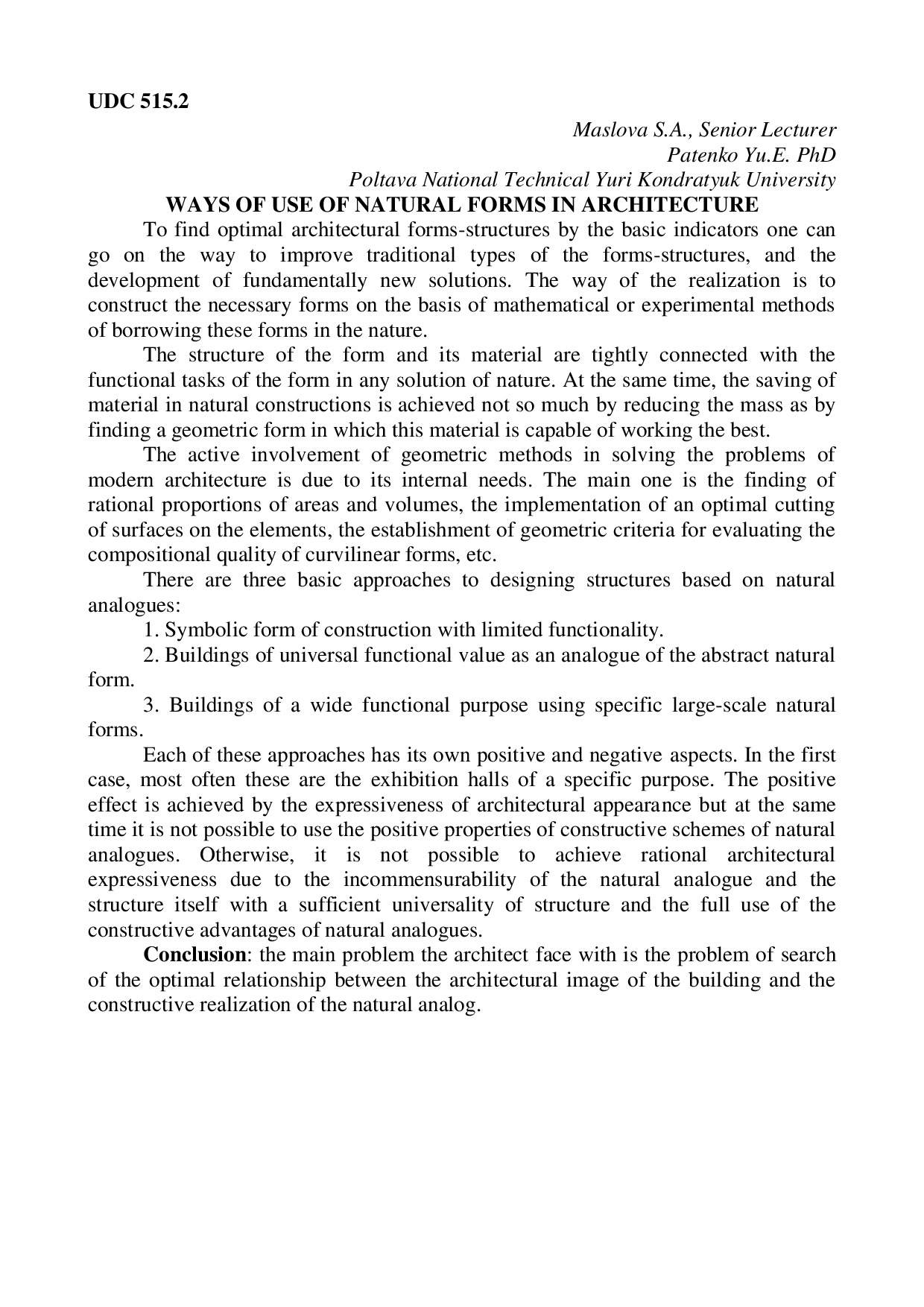 WAYS OF USE OF NATURAL FORMS IN ARCHITECTURE