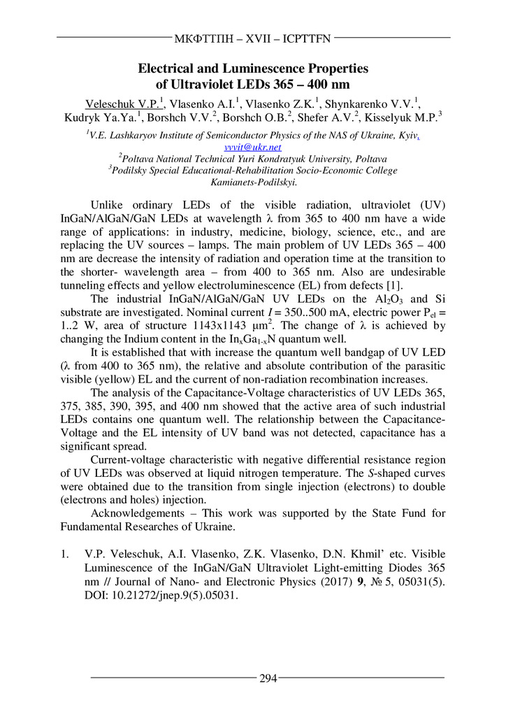 Electrical and Luminescence Properties of Ultraviolet LEDs 365-400 nm