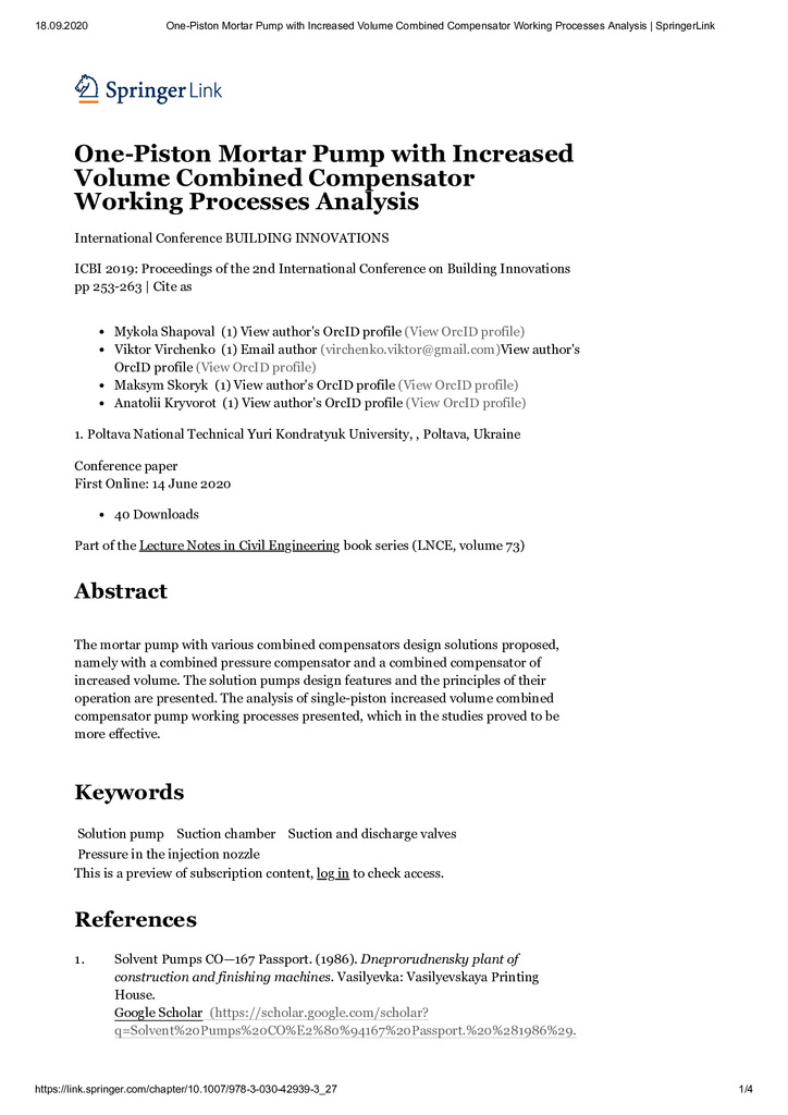 One-Piston Mortar Pump with Increased Volume Combined Compensator Working Processes Analysis _ SpringerLink