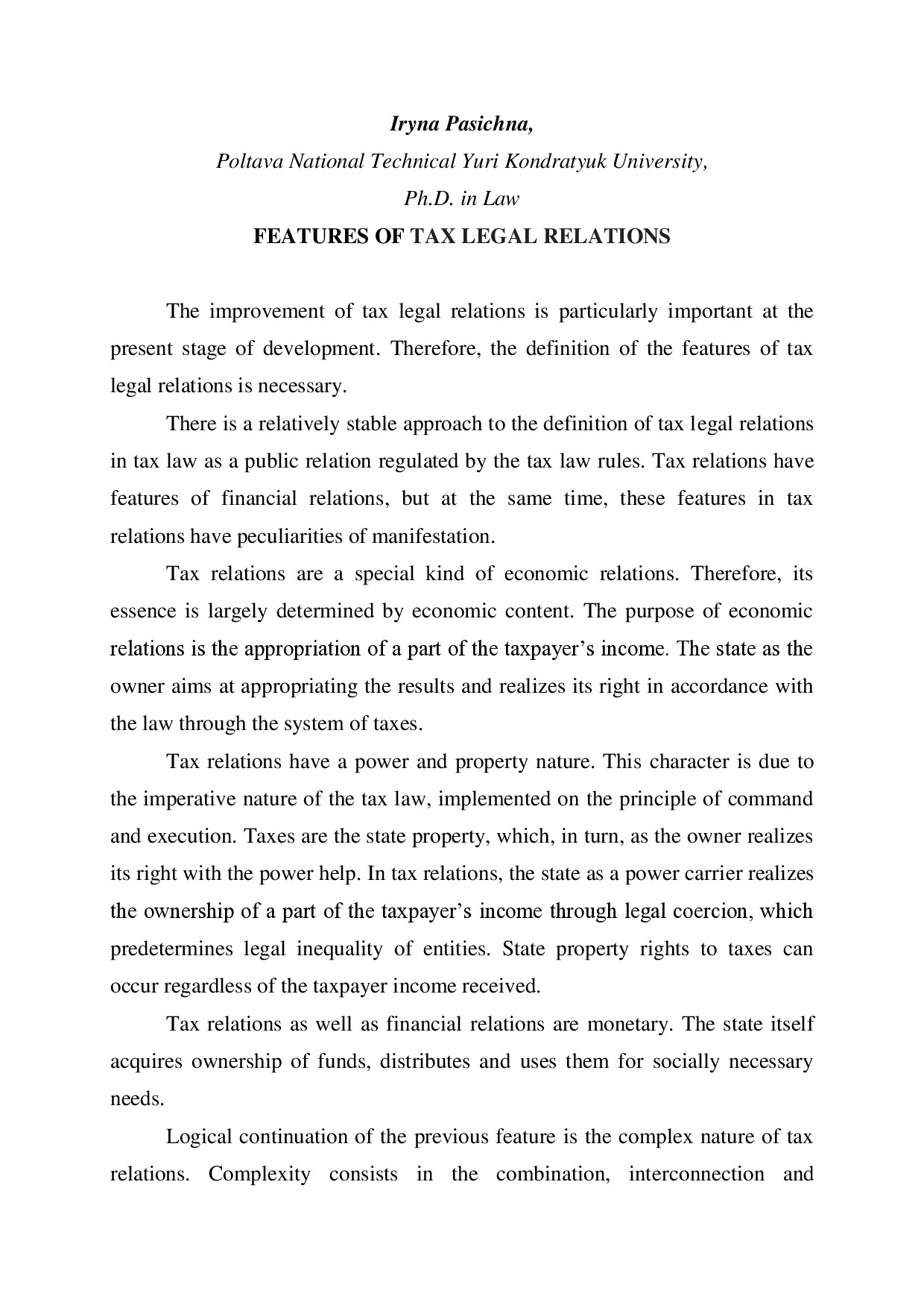 Iryna Pasichna. Features of tax legal relations