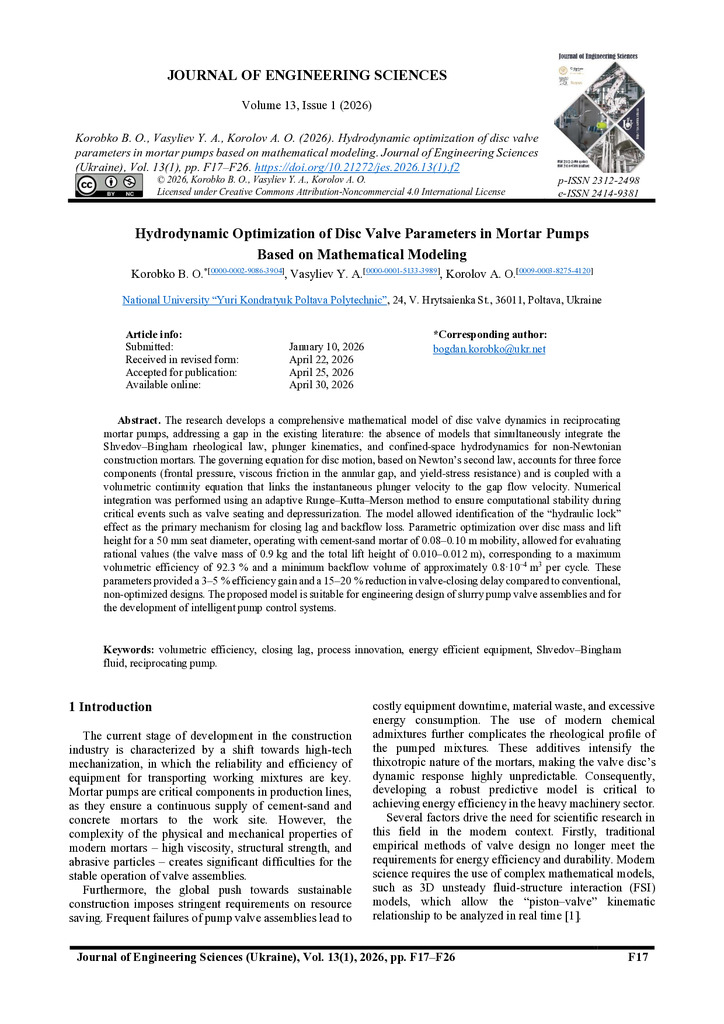 Hydrodynamic Optimization of Disc Valve Parameters in Mortar Pumps   Based on Mathematical Modeling