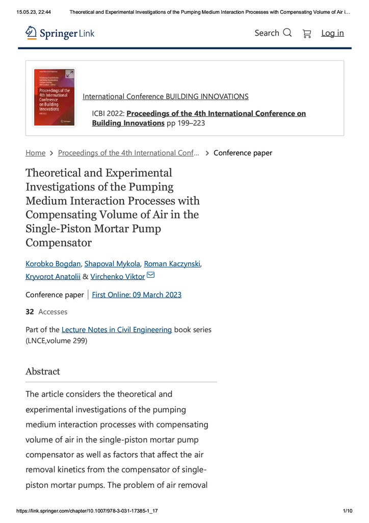 Theoretical and Experimental Investigations of the Pumping Medium Interaction Processes with Compensating Volume of Air in the Single-Piston Mortar Pump Compensator
